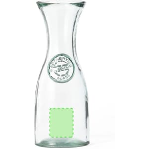 A drink bottle made of clear glass with a tapered neck, featuring a logo and a blank area for customisation.