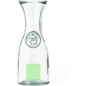 A drink bottle made of clear glass with a curved design and a logo. It features a green accent on the base.
