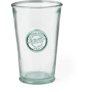 A transparent recycled glass cup with a round logo, featuring a classic tumbler design.