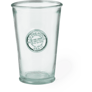 A clear plastic cup with a slightly curved design and a logo at the centre. It has a recycled glass appearance.