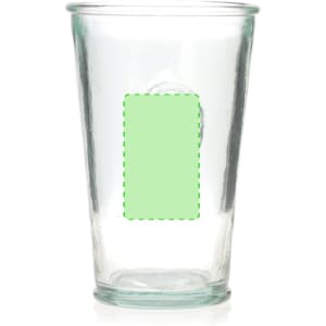 A clear plastic cup with a smooth surface and a rectangular area for branding.