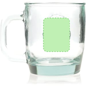 A glass coffee mug with a clear design, featuring a handle and an area for custom branding.