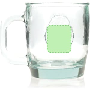 A clear glass mug with a handle, featuring a blank area for custom design, showcasing a modern and simple shape.