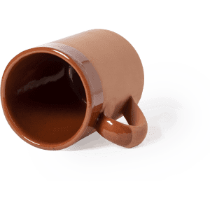 A coffee mug in a terracotta colour with a glossy finish and a curved handle, featuring a logo.