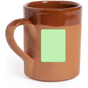 A brown coffee mug featuring a handle and an empty rectangular space for branding.