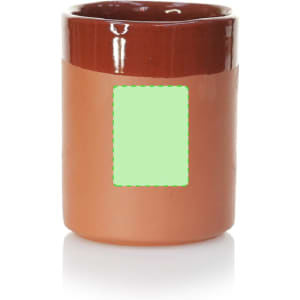A coffee mug in terracotta and brown, featuring a blank area for custom branding.