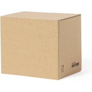 A plain brown cardboard box with a logo on one side, designed for packaging products.
