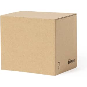 A brown cardboard box with a plain surface and a logo on one side.