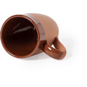 A brown coffee mug with a glossy finish, featuring a curved handle and a simple design.