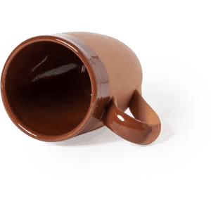 A brown ceramic coffee mug with a handle, positioned on its side, showcasing its interior.