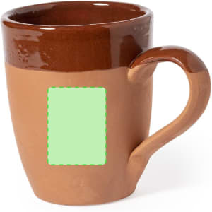 A coffee mug in brown and terracotta colours, featuring a blank area for custom designs.
