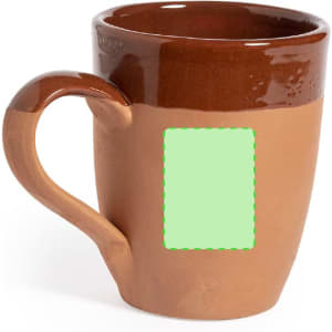 A coffee mug featuring a brown and terracotta design, with a placeholder for a logo or branding.