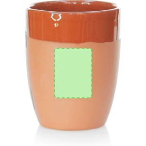 A coffee mug featuring a glossy terracotta finish and a branding logo, with a blank area for customisation.