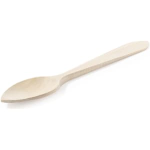 A wooden spoon in a light, natural finish, featuring a smooth design and rounded edges. It has a simple branding logo.