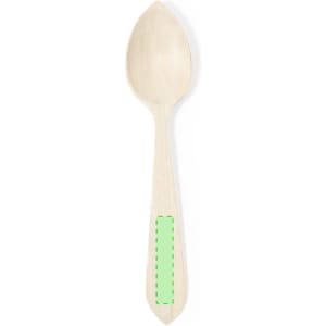 A wooden spoon with a light natural finish and a green accent on the handle. It has a logo on the handle.