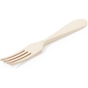 A biodegradable wooden fork in a light natural colour, featuring a classic fork design.