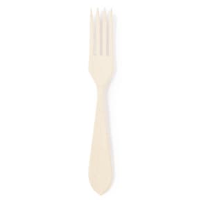 A white wooden fork with four prongs and a tapered handle. It features a simple design and has a natural finish.