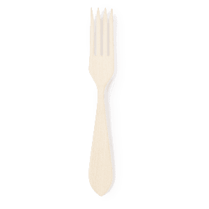 A wooden fork with a simple design in a light natural colour, featuring four tines and a rounded handle.