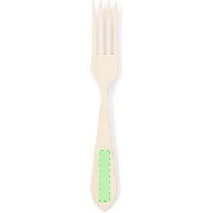 A wooden fork featuring a green accent on the handle, suitable for cutlery sets in home and living.