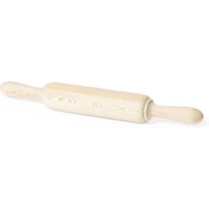 A wooden rolling pin with a smooth finish, featuring rounded handles and a light, natural colour.