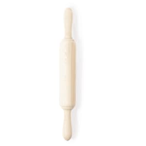 A cream-coloured wooden rolling pin with tapered handles and a textured surface, featuring a logo.