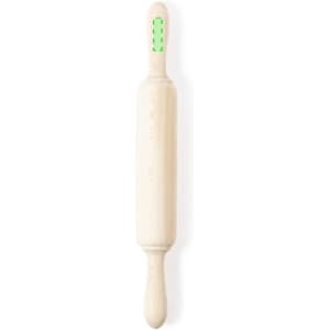 A wooden rolling pin with a green handle and branding, designed for use in home baking and cooking.
