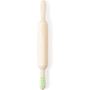 A wooden rolling pin with a light, natural finish and decorative handles. It features a logo.