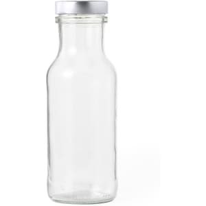 A drink bottle made of clear glass with a silver metal lid. It features a simple design and a logo on the front.