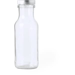 A drink bottle featuring a clear glass body and a silver metal lid, with a sleek and simple design.