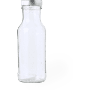 A drink bottle made of clear glass featuring a silver metal cap. It has a simple, sleek design.
