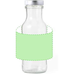 A drink bottle made of clear glass with a silver lid and a green label on the body.