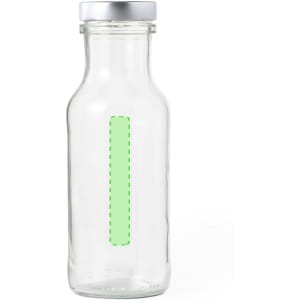 A drink bottle made of clear glass with a silver lid, featuring a green dotted outline.