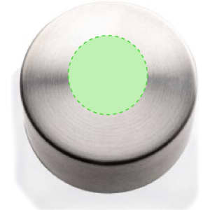 A drink bottle cap in a metallic finish with a circular green accent in the centre. It features a branded logo.