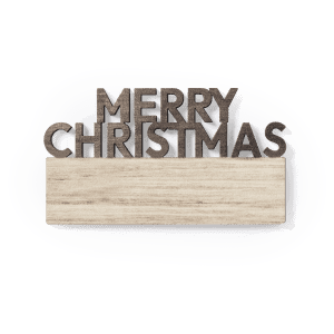 A wooden decorative piece featuring the words "Merry Christmas" in a rustic style with a natural wood base.