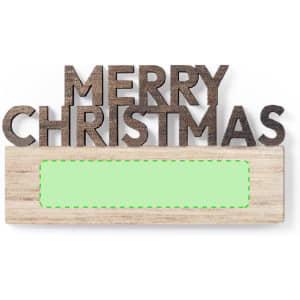 A wooden magnet featuring the words "Merry Christmas" in dark letters on a light wooden base, with a green blank space.