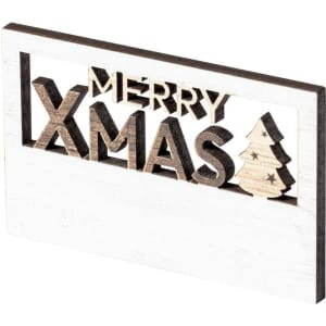 A wooden magnet featuring the words "MERRY XMAS" and a tree design, with a white background and natural wood elements.