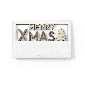 A wooden magnet featuring the words "MERRY" and "XMAS" with a tree design, in natural and white finishes.