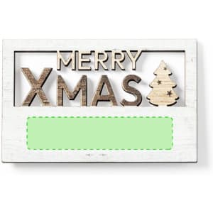 A wooden magnet featuring the words "MERRY XMAS" with a decorative tree and a green space for customisation.