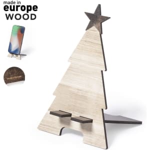 A wooden phone stand shaped like a Christmas tree, featuring a star on top and a natural finish. It has a logo visible.