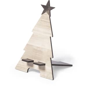 A wooden phone stand shaped like a Christmas tree with a star on top, featuring a light brown finish.