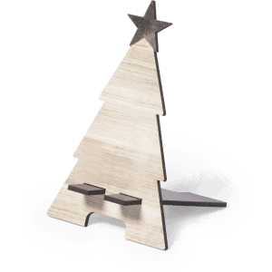 A wooden phone stand shaped like a Christmas tree, featuring a star on top. It has a minimalist design.