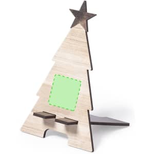 A wooden phone stand in the shape of a Christmas tree, featuring a star and two slots for device placement.