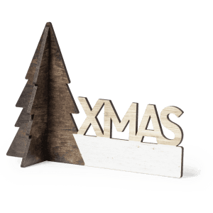 A wooden Christmas decoration featuring a tree design in brown and a white base with the word "XMAS."