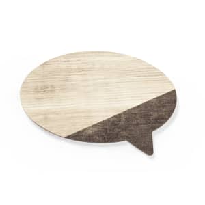 A wooden speech bubble magnet with a light and dark brown finish, featuring a pointed tail design.