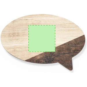 A speech bubble-shaped magnet with a wooden design featuring light and dark wood tones. It has a blank green square area.
