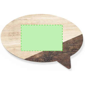 A speech bubble-shaped magnet with a wooden texture in light and dark brown, featuring a blank green area for customisation.
