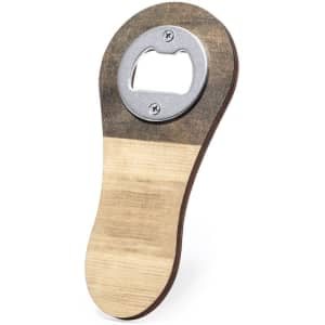 A drink bottle opener with a wooden handle featuring a silver metal opening section and a minimal design.