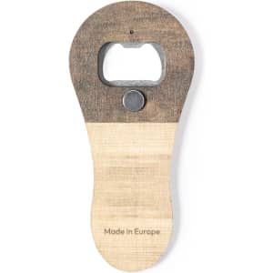 A drink bottle opener in natural wood tones, featuring a metallic opener and a logo on its surface.