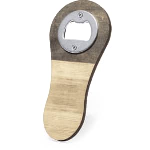 A drink bottle opener with a silver metal insert and a wooden base featuring two shades of brown.