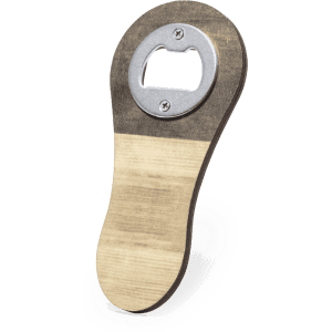 A drink bottle opener with a metallic top and a wooden base, featuring a logo. It has a natural wood colour.